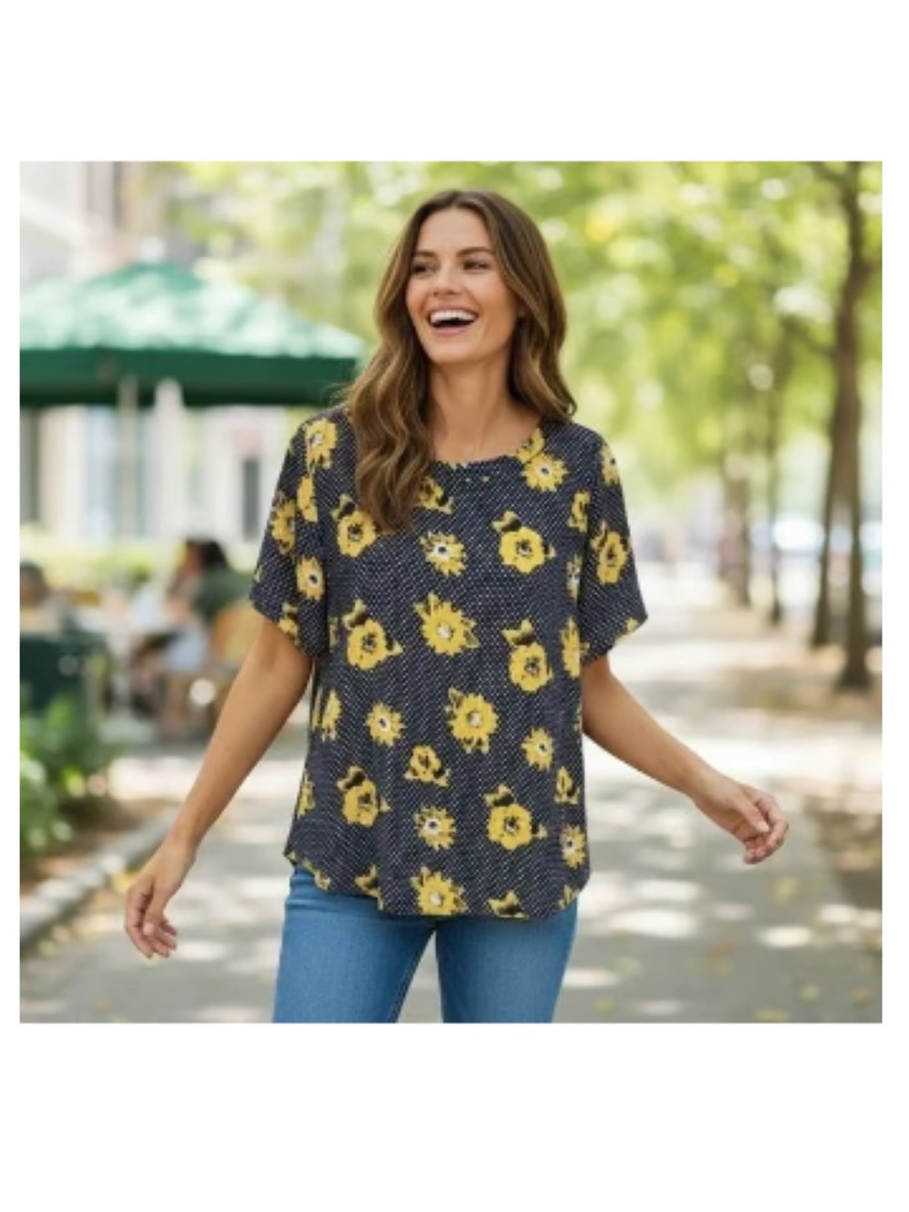 Banana Republic black polkadot with Yellow Floral Print Top